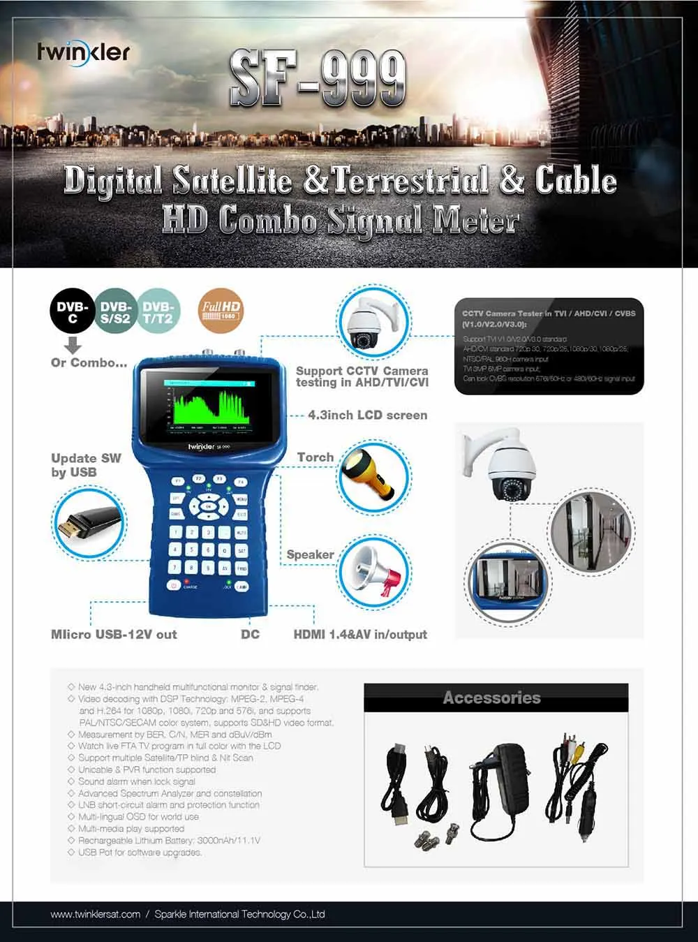 Twinkler SF-999 PRO HD Combo сигнал Finder метр с 4,3 дюймов ЖК-дисплей Экран DVB-S2 DVB-T2 DVB-C анализатор спектра CCTV Камера