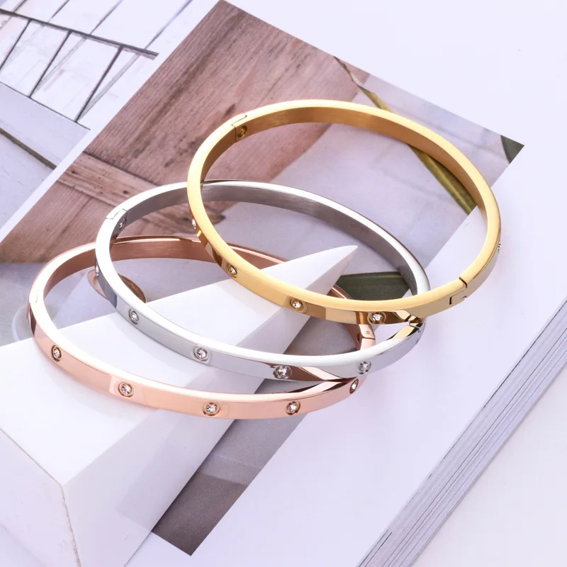 HFYK 2019 full cubic zirconia bangles for women rose gold color stainless steel bracelets pulseira feminina | Украшения и
