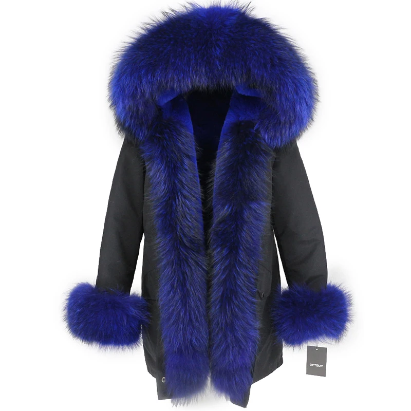 black blue OFTBUY, пальто с натуральным мехом, зимняя куртка для женщин, натуральный мех енота, капюшон, водонепроницаемая, длинная парка, съемная, уличная одежда, роскошные парки, теплые - Цвет: black blue