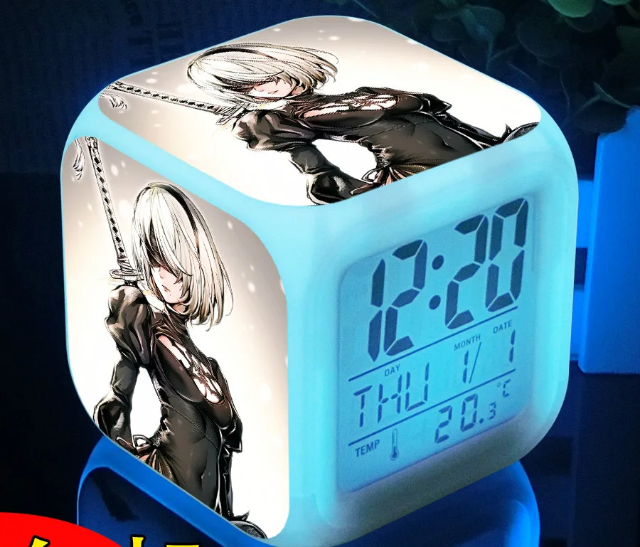 Nier:Automata 2B YoRHa 7 Color Change Digital USB Anime Alarm Clock LED Clocks | Дом и сад