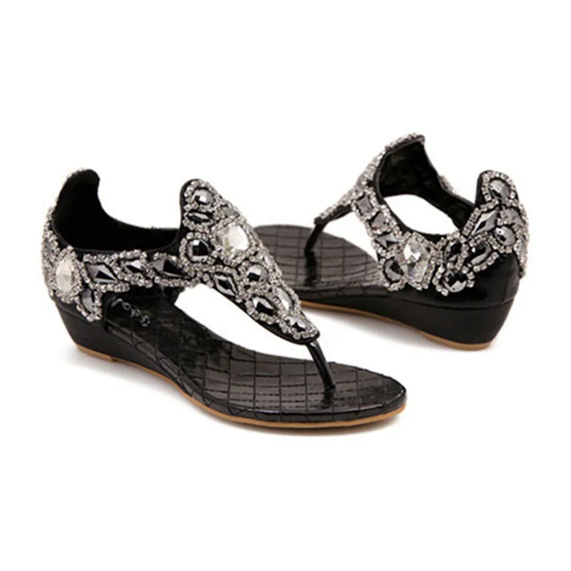 Мода новые 2017 Лето Женщины Сандалии Кристалл Горного Хрусталя Slip-on Клин Обувь
