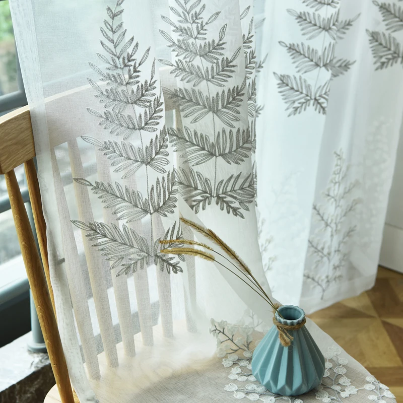 Pine leaves embroidered Simple Window Linen Curtains for Bedroom Living Room Sheer Voile Drapes Custom Made | Дом и сад