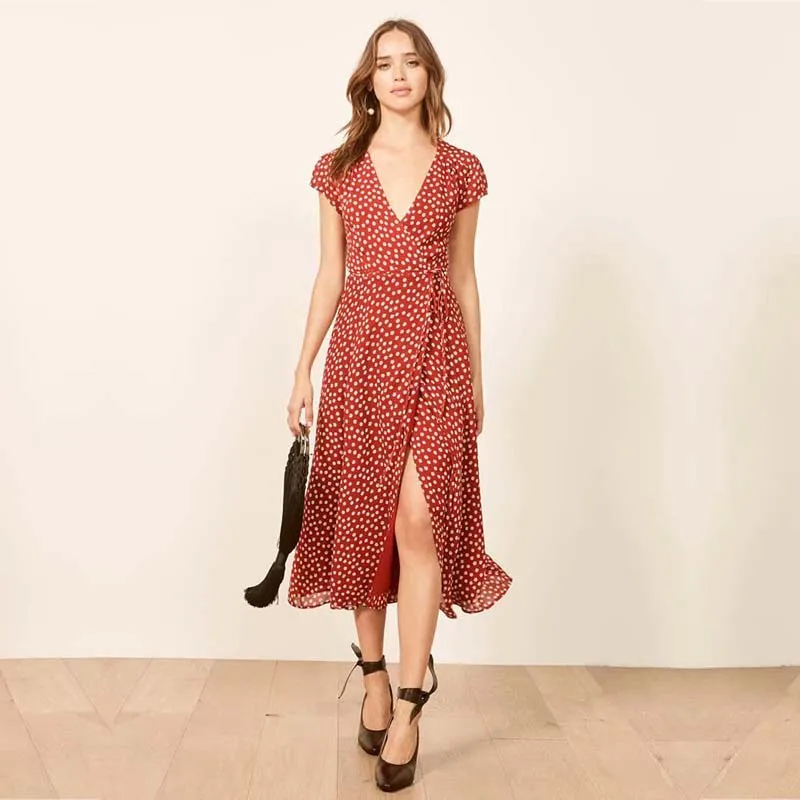 Yinlinhe Красное Длинное Платье макси с принтом для женщин 2019 Boho Летнее платье