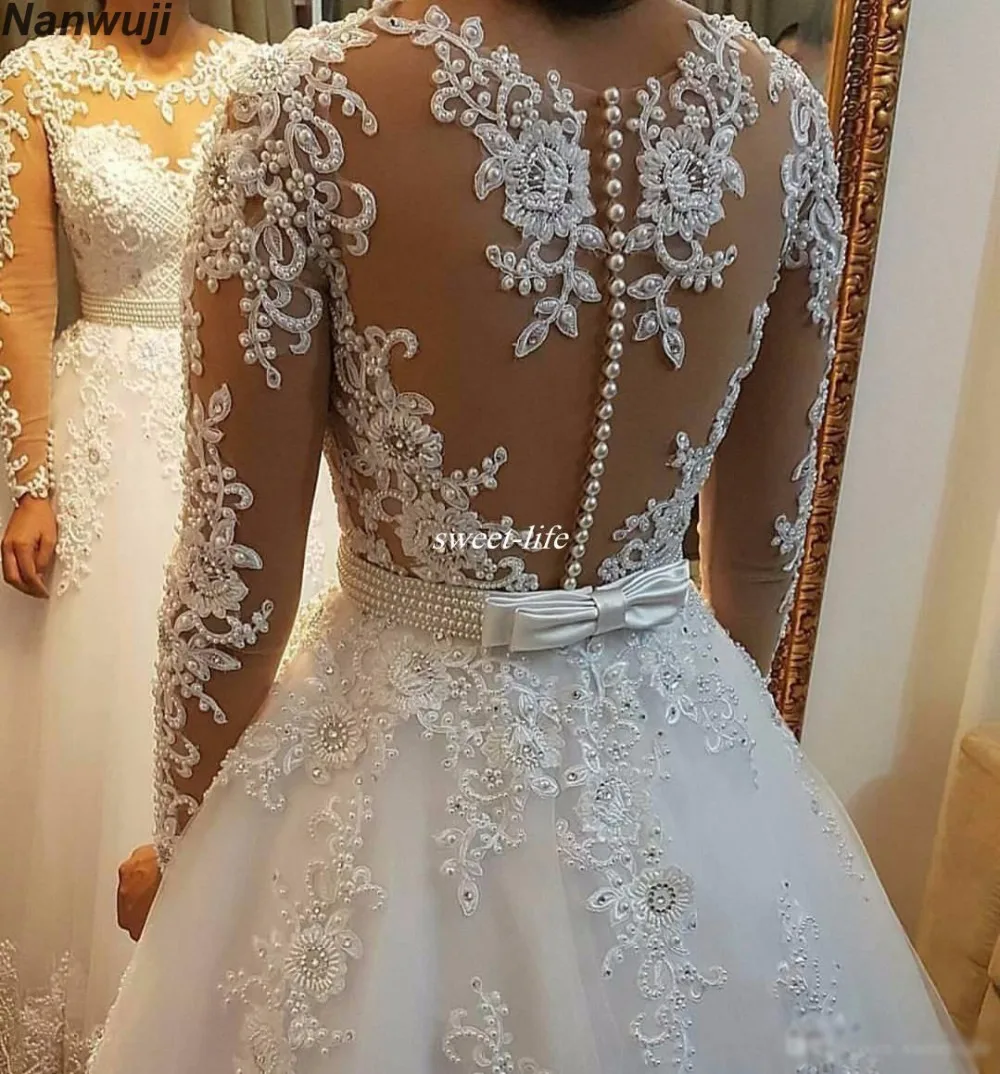 

2018 High Quality Pears and Beadings Wedding dress With Long Sleeves vestidos de noiva Romantic Robe De Mariage Luxury