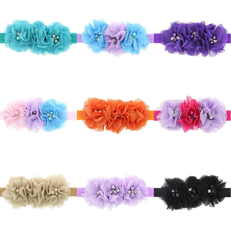 Cute Baby Girls Chiffon Flowers Beads Headbands Elastic Hair Headwear Infants Fashion Decorative Party Accessories | Детская одежда и