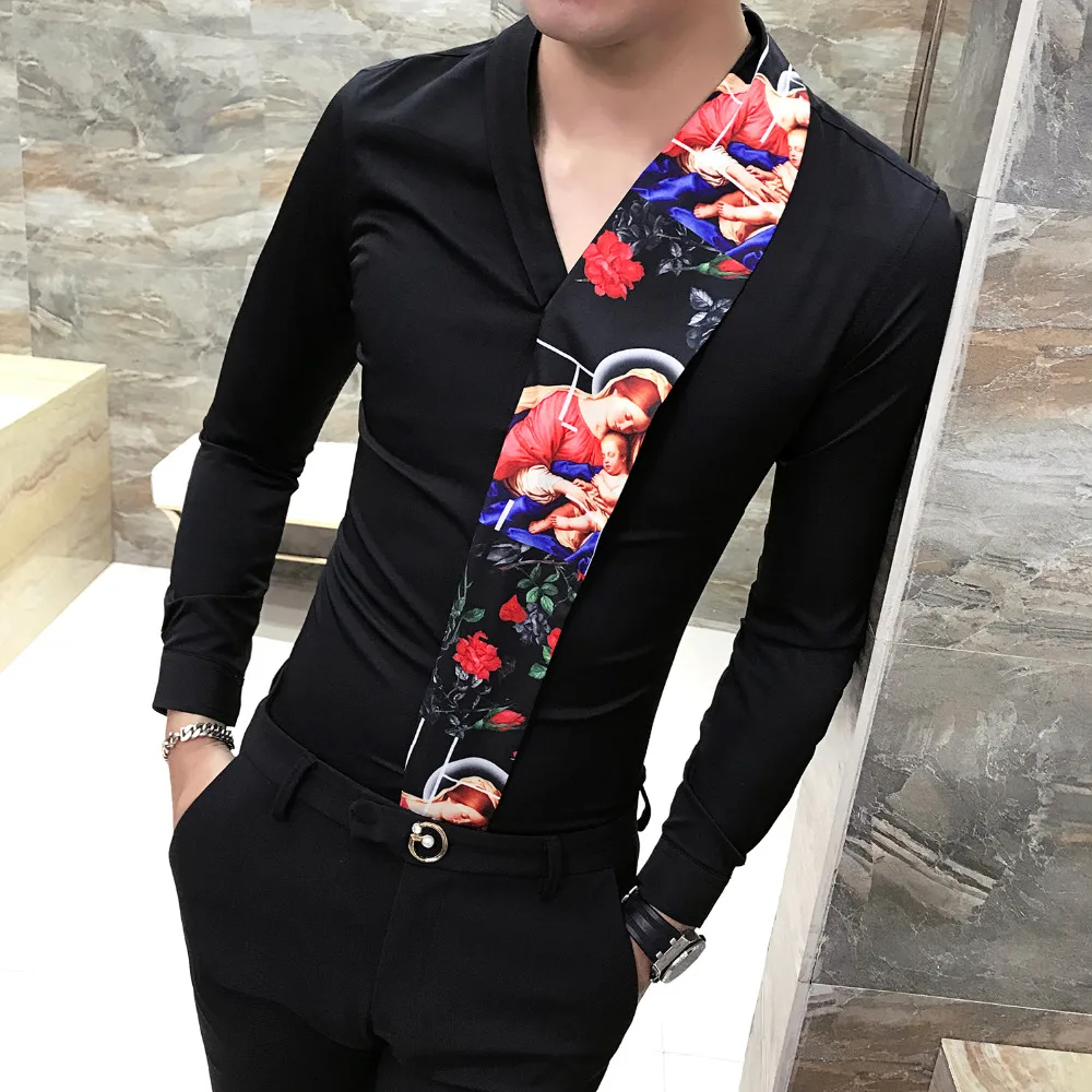 Мужская рубашка модная с цветочным принтом Уличная Camisa Masculina облегающие рубашки