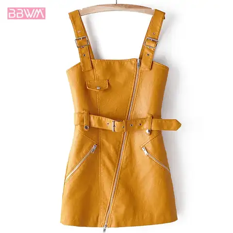 Korean fashion PU leather straps slim waistband Harajuku women's dress 2019 autumn new slim college wind female dress Black pink