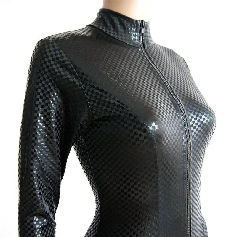 Женский комбинезон из искусственной кожи черный спандекса с длинными рукавами и