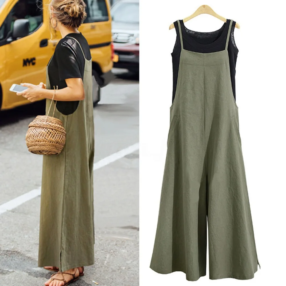 

Women Casual Long Suspender Loose Solid Bib Wide Leg Overalls Pants New