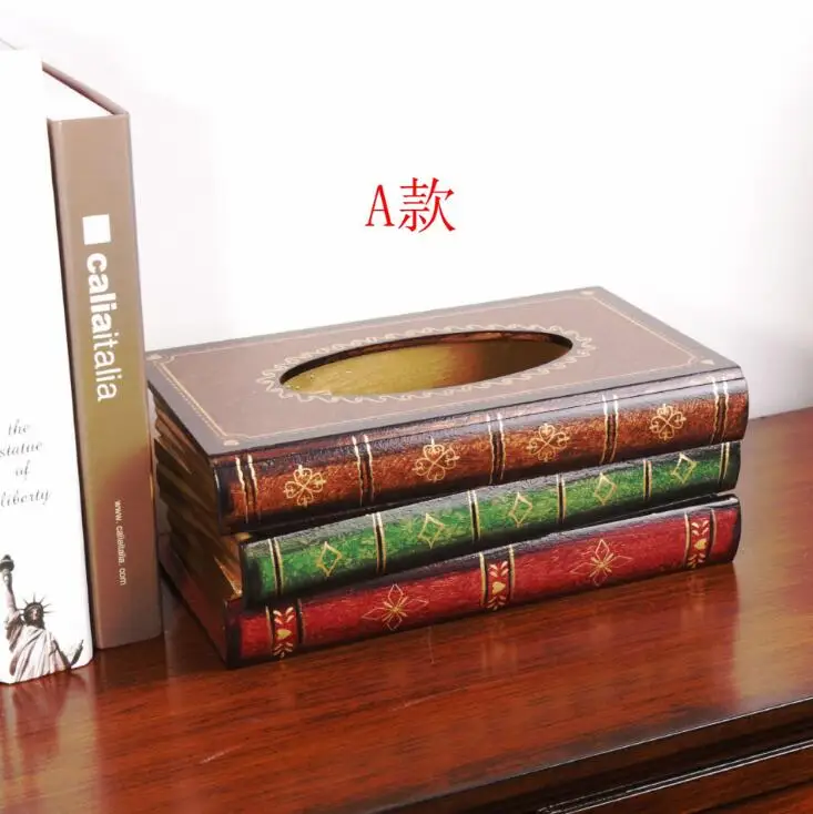 A Ретро стиль книга форма коробка ткани Творческий деревянная коробка ткани спальня гостиная офисный стол Декоративные салфетки бумажный держатель - Цвет: A