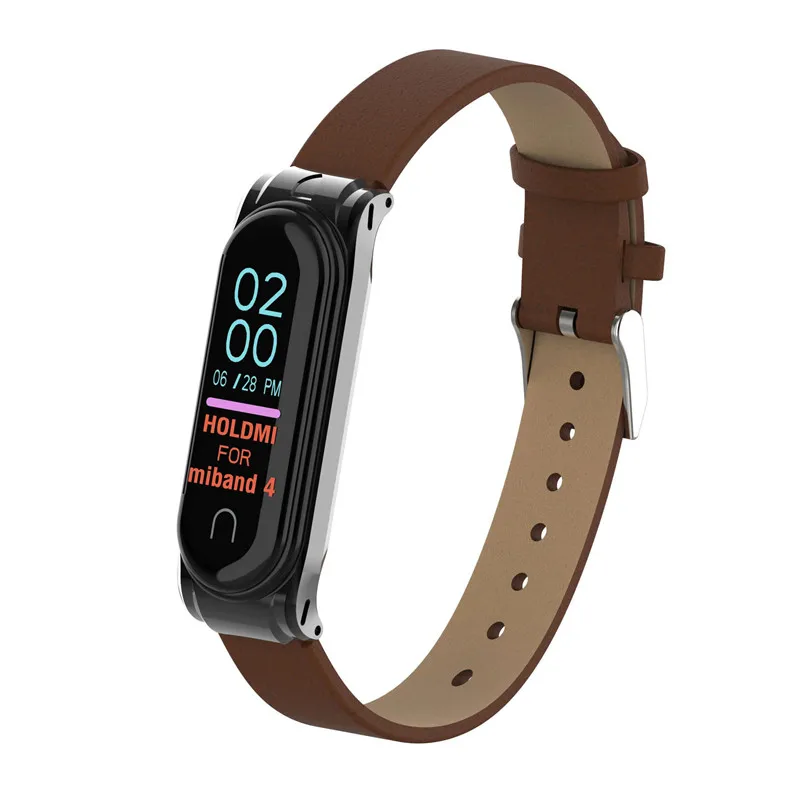 brown Colorful Leather Mi Band 4 3 Metal strap For xiaomi Mi Band 4 3 PU Stainless Bracelet MiBand 4 3 Wristbands Replacement straps - Цвет: brown