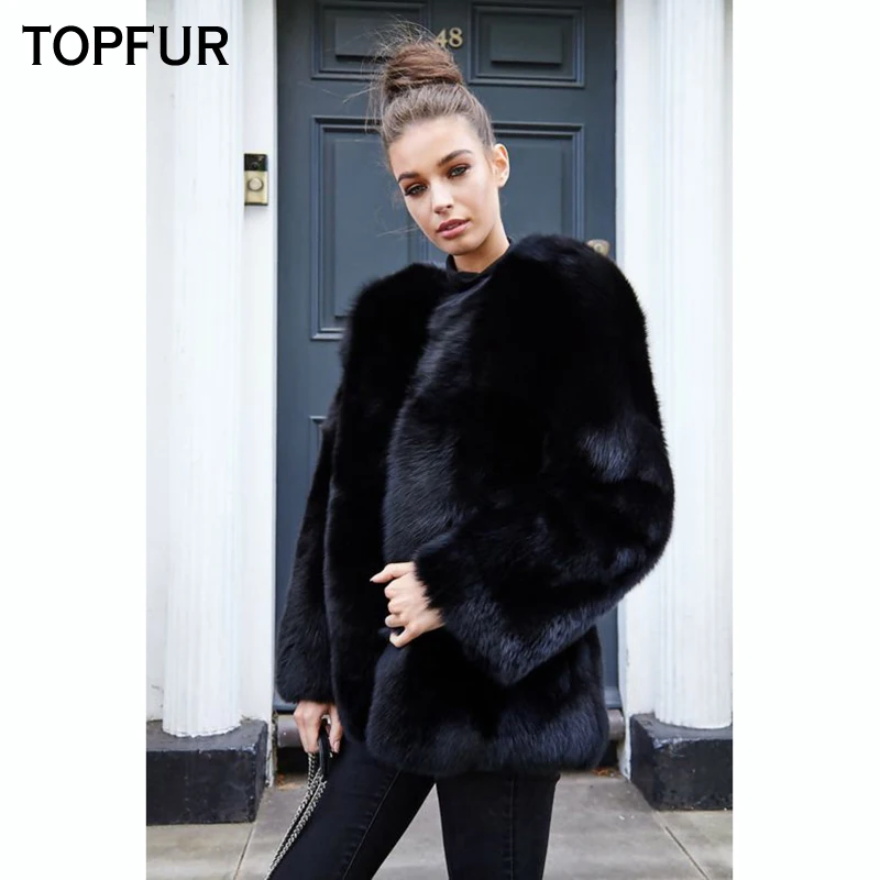 TOPFUR 2019 Новый стиль натуральным лисьим мехом пальто женский черный Цвет с
