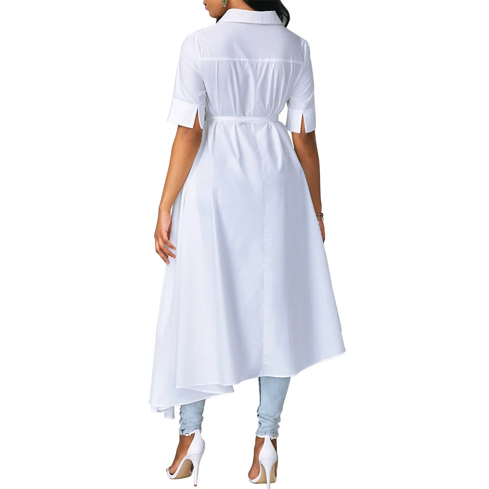 New Women Casual Elegant Short Sleeve Asymmetric Hem Flouncing High Waist Shirt Dress With Belt | Женская одежда