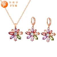 new multicolor flower cz wedding jewelry set for women rose gold color link chain slide pendant earrings necklace jewelry sets