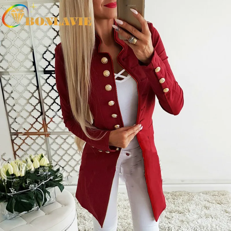 

Women Outwear Slimming Long Blazers OL Style Red Gray Black Blue Solid Color Stand Collar Full Sleeve Single Breasted Clothes