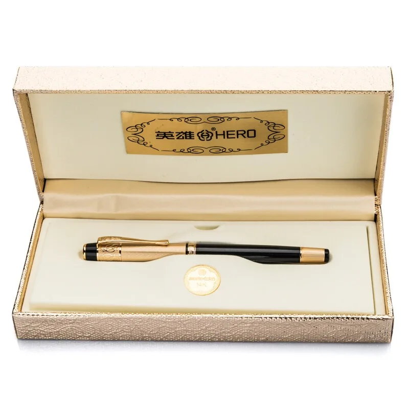 Luxury Hero 200B 14K Gold Collection Black Fountain Pen Golden Carved Cap Fine Nib 0.5mm Gift and Box for Business Office | Канцтовары