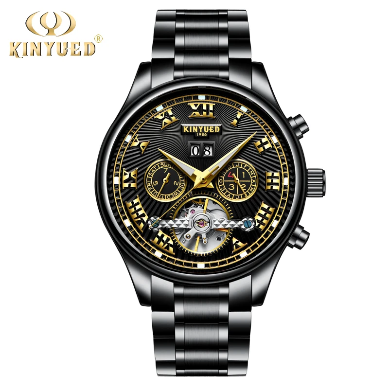 KINYUED Мужские механические светящиеся часы Tourbillon водонепроницаемые Скелет