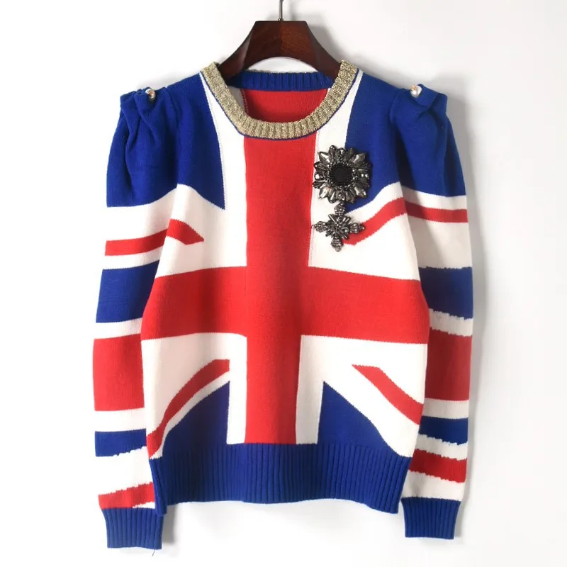 

Женский трикотажный жаккардовый свитер, подиумный дизайнерский пуловер с британским флагом, вязаный джемпер с прочным знаком, Осень-зима ...