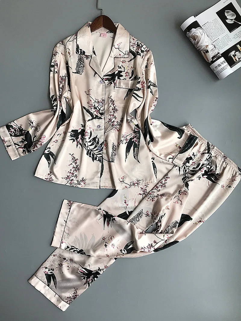 Для женщин атласные пижамы модные Pijama шелковые домашний костюм Цветочный принт