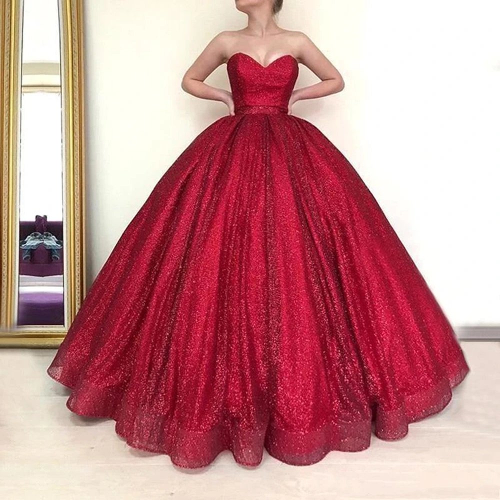 

Red Long Dubai Arab Ball Gown Quinceanera Evening Dresses 2021 Puffy Ball Gown Sweetheart Glitter Burgundy Prom Gowns