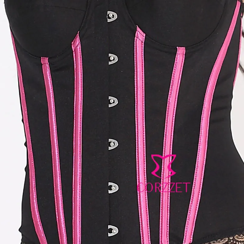 Женский корсет в стиле стимпанк черный розовый полоску |
