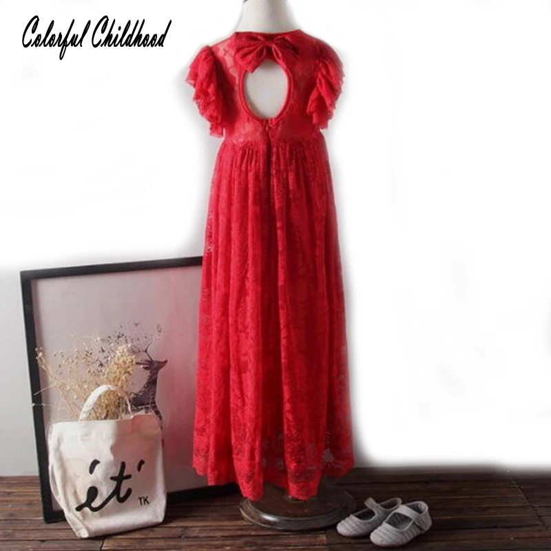 

Girl Christmas Dress summer kids Back Heart design Lace ruffles Sleeve Long Party Dresses elegant princess party clothing