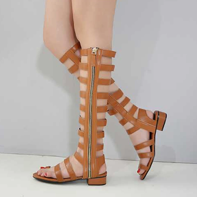 2019 Summer Women Sandals Open Toe Knee High Boots Zipper Gladiator Cover Heel Flat Casual size 35-41 | Обувь