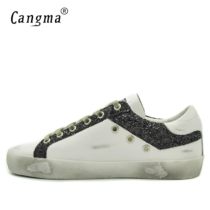 

CANGMA Luxury Brand White Designer Sneakers Women Casual Shoes Old Skool Genuine Leather Black Glitter Flats Shoes Female