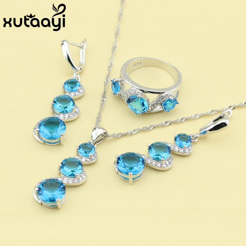 Fashion Women Wonderful Jewelry Sets  Silver colorDistinctive Blue Cubic Zirconia Earring Ring Necklace Pendant Free Gift Box