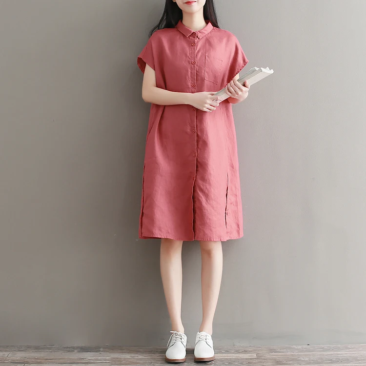 Women Fashion Retro Dresses Loose Short Sleeve Cotton And Linen Summer Shirt Dress Vintage Knee-Length Vestidos De Fiesta | Женская