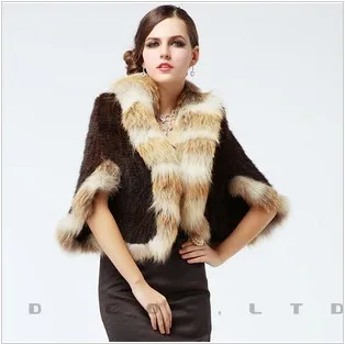 Autumn Winter Ladies' Genuine Natural Knitted Mink Fur Cloak Fox Collar Women Pashmina Wraps Bridal Cape VF0555 |