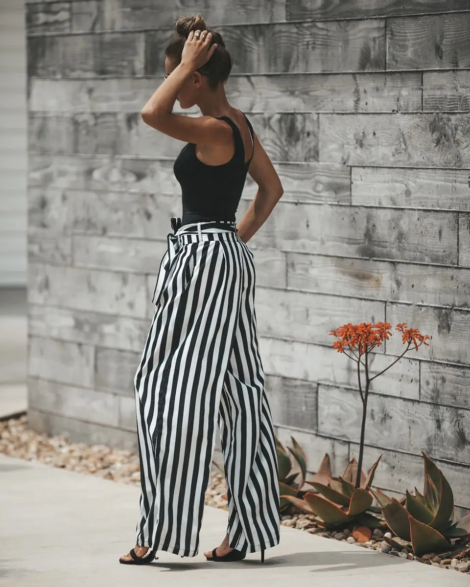 

2018 fashion pants Women's High Waist Casual Black& White Striped Long Pants Ladies Wide Leg loose Trousers Stylish streetwear