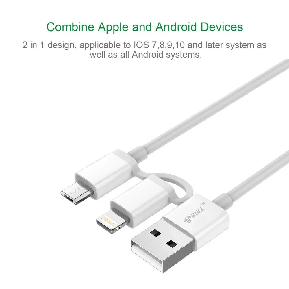 BULL 2 в 1 Android IOS Micro USB кабель 8 Pin 3C MFi Сертифицированный двойной разъем синхронизации