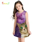 Платье принцессы для девочек от 10 до 12 лет, милое платье с 3D-принтом кошки, космоса, галактики, платья для малышей, платье без рукавов с единорогом, детская одежда