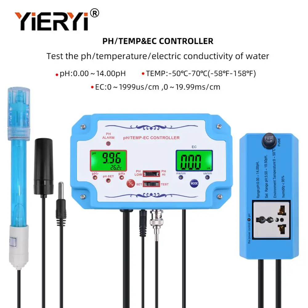 Yieryi 3 в 1 Контроллер pH/EC/TEMP датчик качества воды pH многоразовый Электрод типа BNC