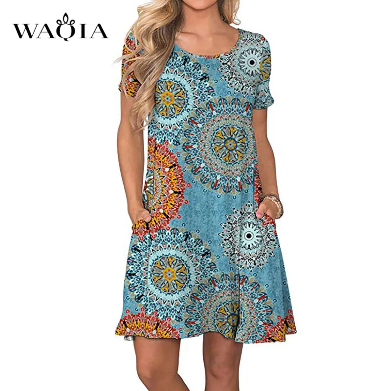 Waqia женское летнее платье 2019 туника с коротким рукавом A Line Boho стиль короткое