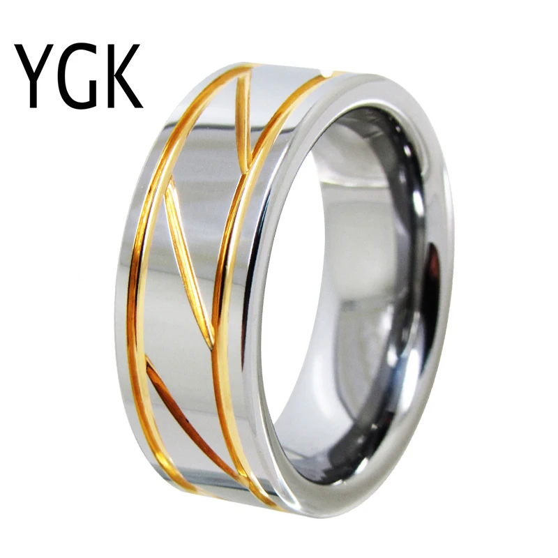 

YGK Wedding Jewelry Lover's Ring Golden Grooved Silver Pipe Men's Tungsten Ring Bridegroom Wedding Engagement Anniversary Ring