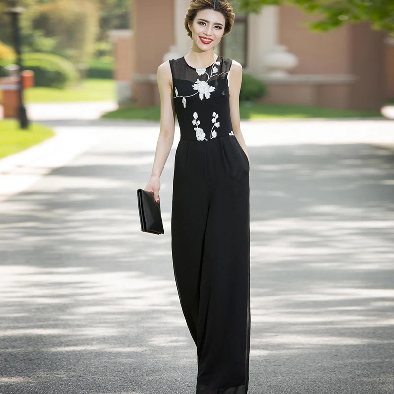 Women Elegant Long Party Jumpsuits 2022 Chiffon Floral Embroidery Black Wide Leg Full Length Summer Rompers Overalls 3XL 4XL