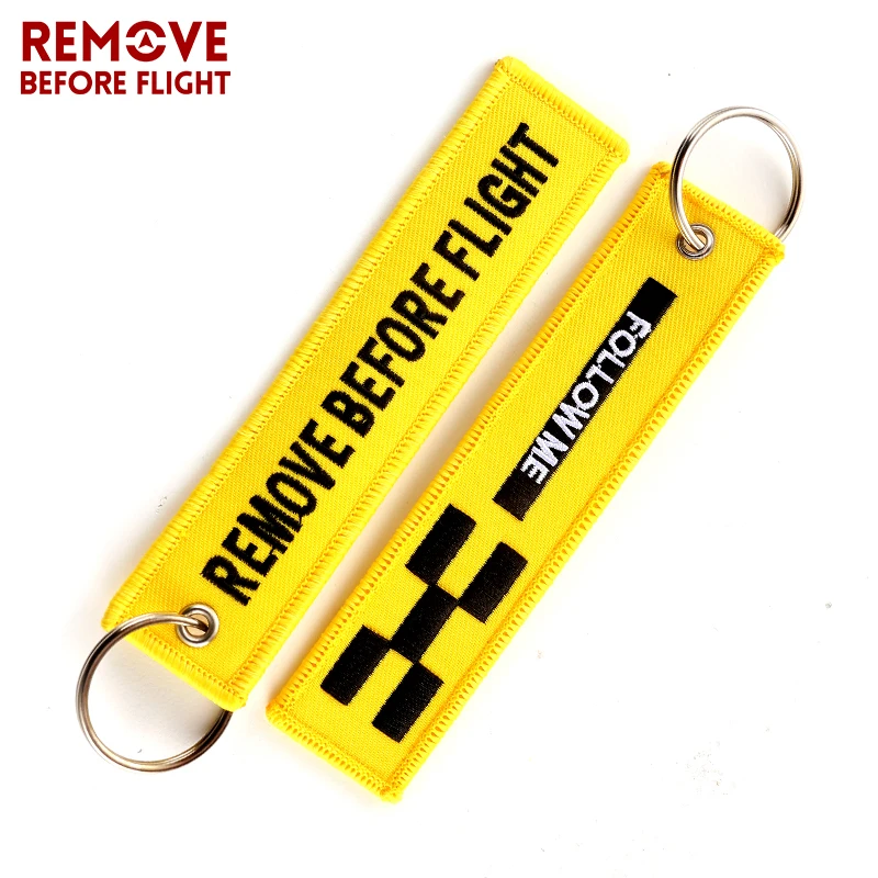 

5 PCS/LOT Remove Before Flight Keychain FOLLOW ME Yellow Keychain Jewelry Embroidery Safety Tag llavero Fashion Sleutelhanger