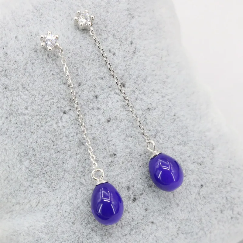 Pure Sterling Dangle Earring For Women 7x9mm Purple Baking Paint Glass Beads Long Drop Earrings Jewelry 4cm B3439 | Украшения и