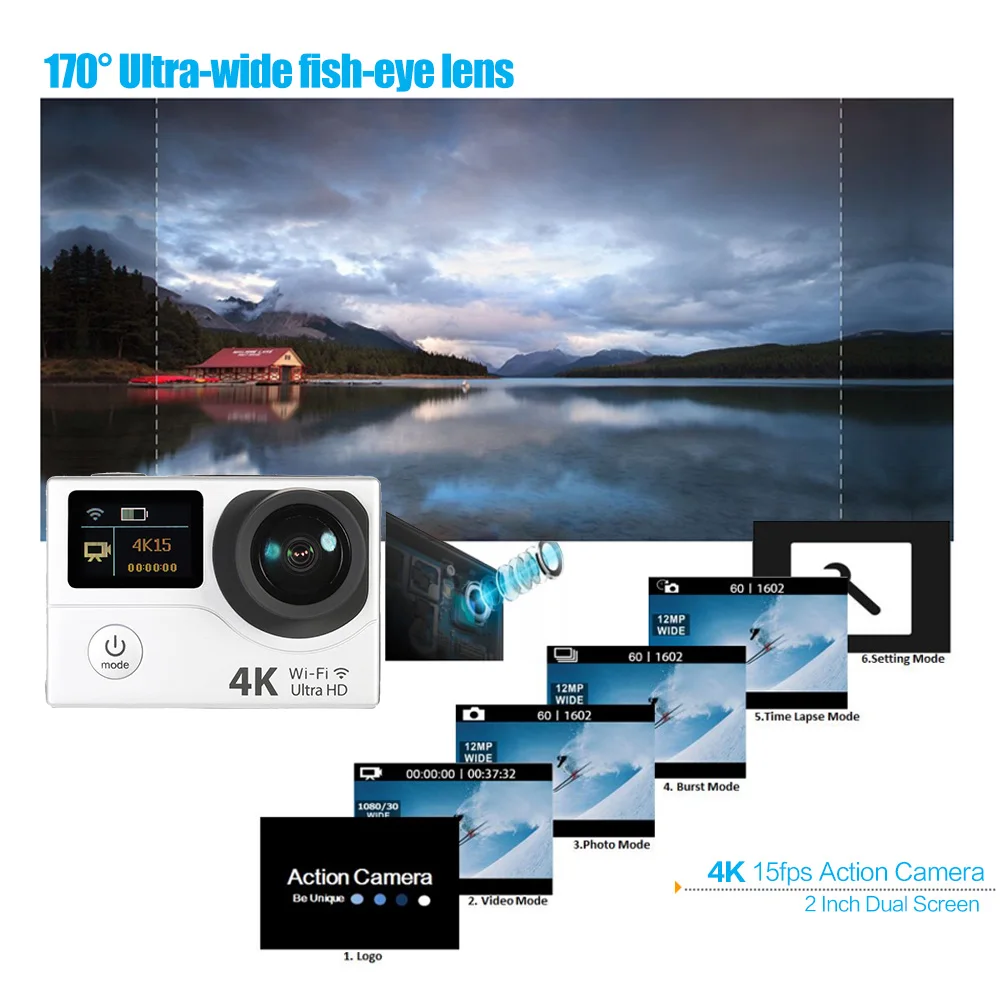 2 &quotдвойной экран LCD Экшн камера Ultra HD Wifi Спортивная 4K 15fps 1080P 60fps 12MP 170