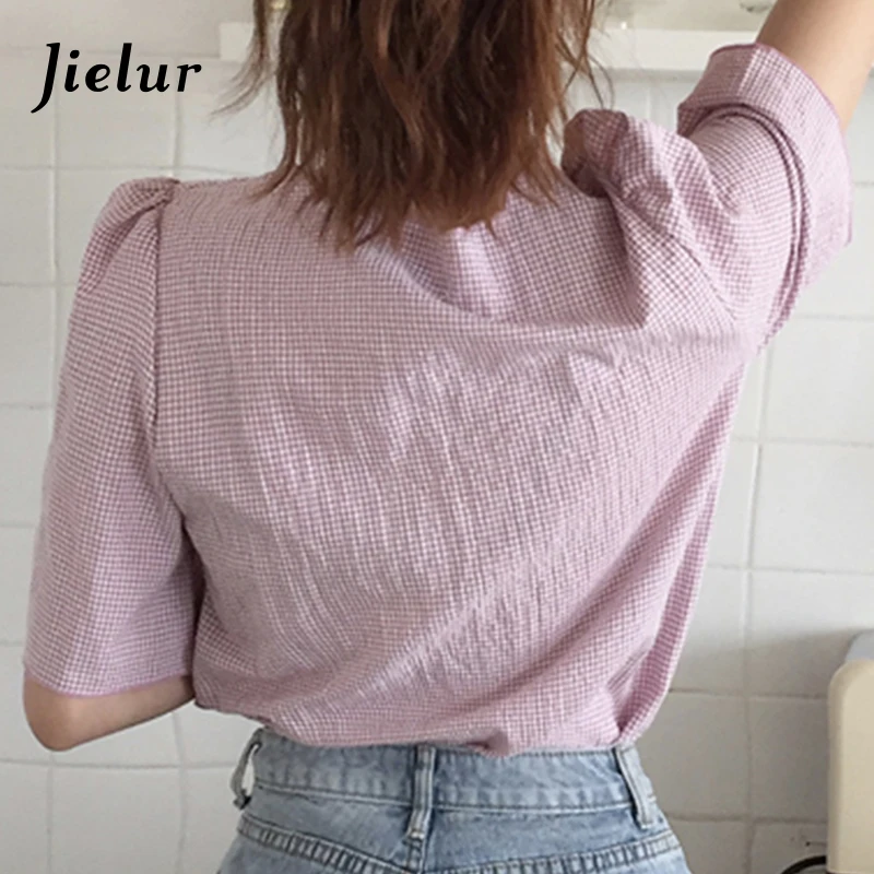 Jielur футболка женская летняя с коротким рукавом модная шикарная клетчатая v