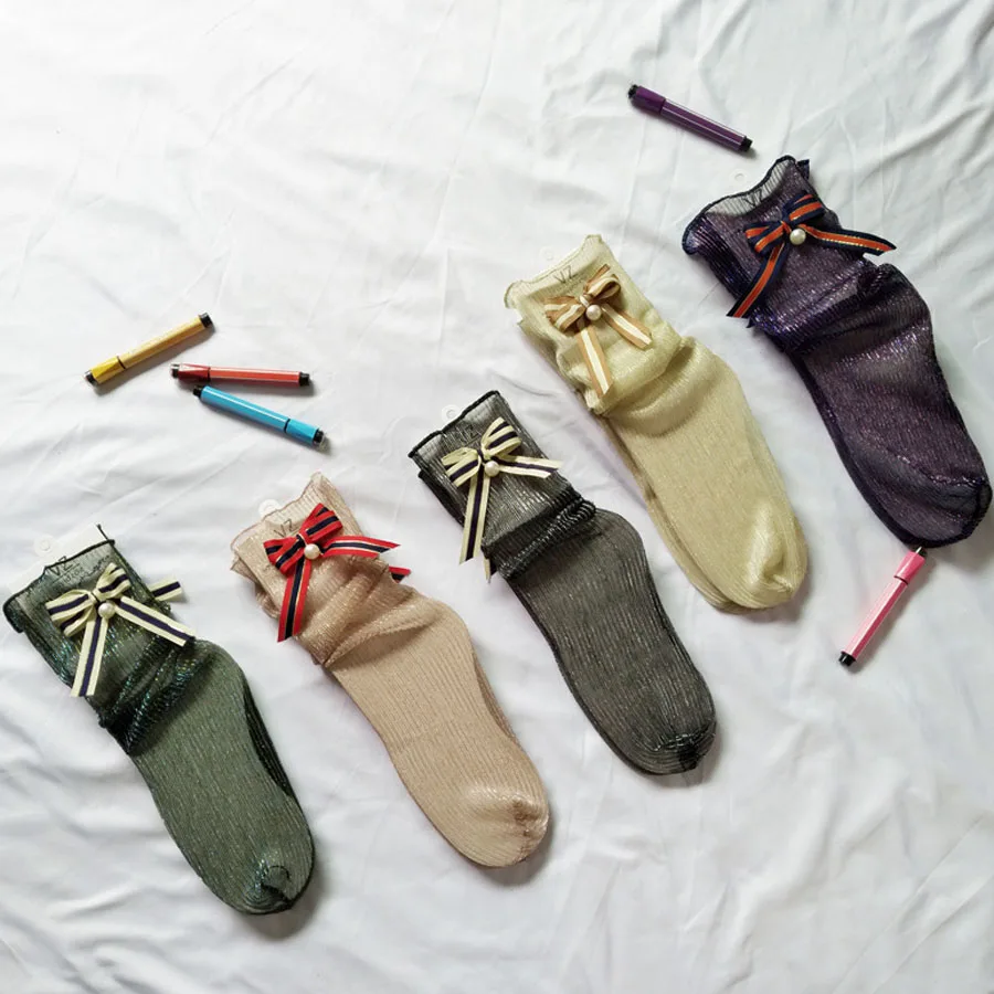 

12 пар, жемчужные Сияющие носки с бантом ручной работы, цвета: золотистый, серебристый, шелк, Harajuku, блестящие сетчатые забавные Женские носочк...