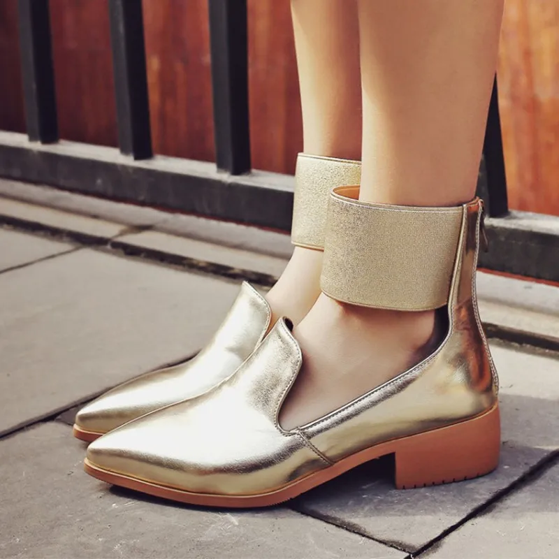 Plus Size 34-43 New Arrival Fashion Sexy Pointed Toe Ankle Elastic band Strap Flats Woman Low Heel Elegant Zip Women Shoes Boots