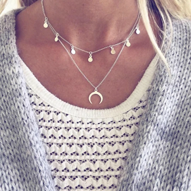 

Boho Double Layered Statement Moon Necklace Women Silver Sequined Choker Chain Necklaces Pendants Fashion Collar Mujer