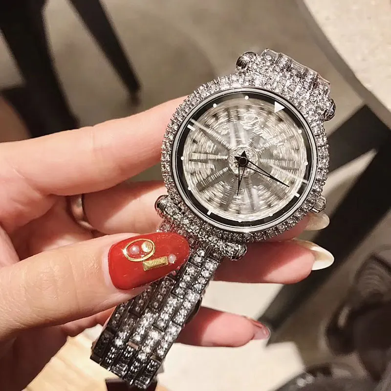 

New Arrivals Luxury Brand Women Watches Full Diamond Rotating Dial Wristwatch Relojes Mujer Women Purple Watch Relogio Feminino