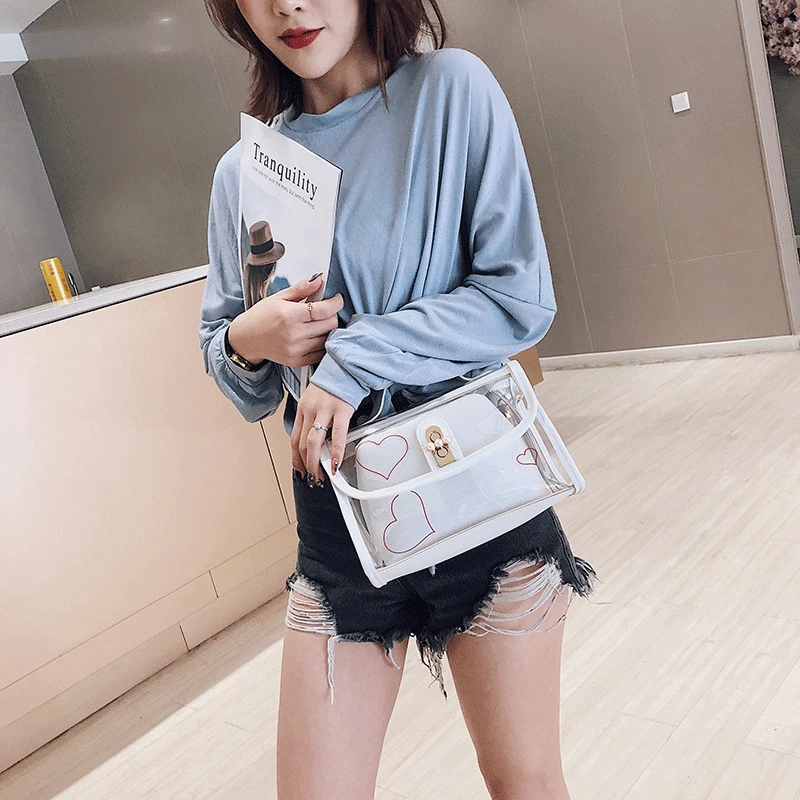 Женская модная прозрачная сумка через плечо с принтом сердечек и жемчужным