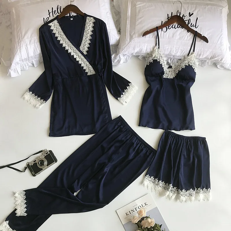 

JULY'S SONG 4 Pieces Pajama Set Faux silk Spring Summer Elegant Women Pajamas Full Shorts Soft Nightwear Sexy Robe Sleepwear