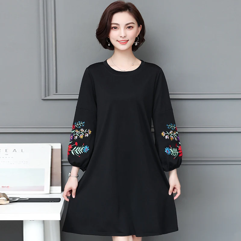 Женское платье с длинным рукавом круглым вырезом и вышивкой|Женские платья| |