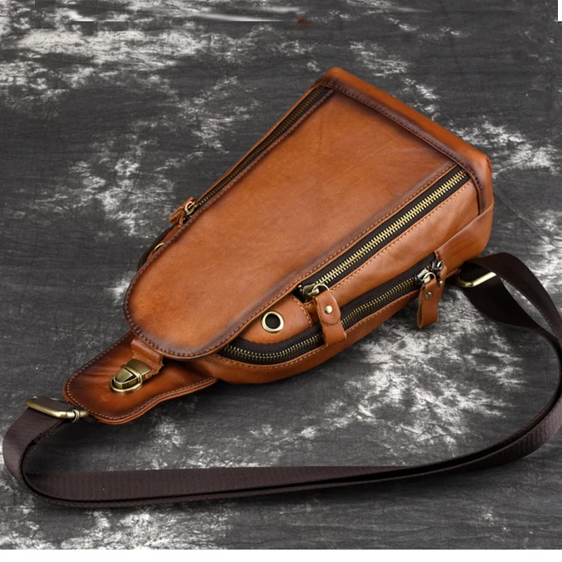 

Genuine Leather Men Messenger Chest Bags Shoulder Cross body Bag High Quality Travel Retro Sling Knapsack Rucksack Back Pack